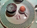 The Plumed Horse dark chocolate souffle with apricot sorbet